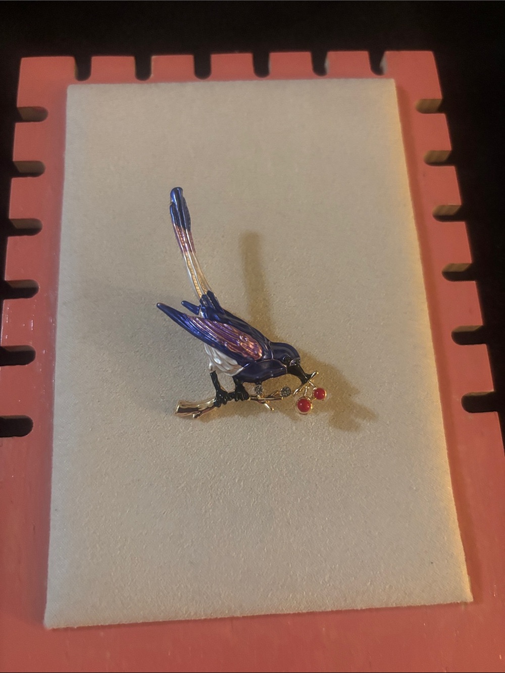 Blue and Gold Enamel Bird Brooch with Red Berry Accents